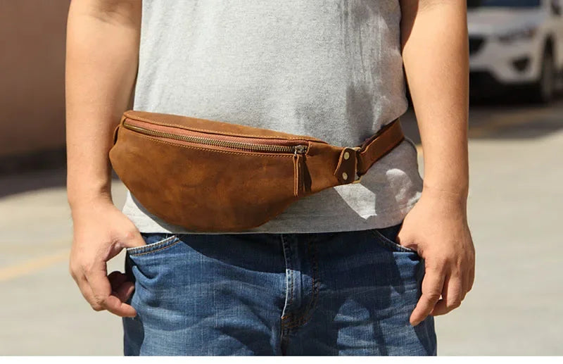 Luufan Crazy Horse Cowhide Leather Waist Bag — Men's Mini Travel Fanny Pack & Phone Pouch