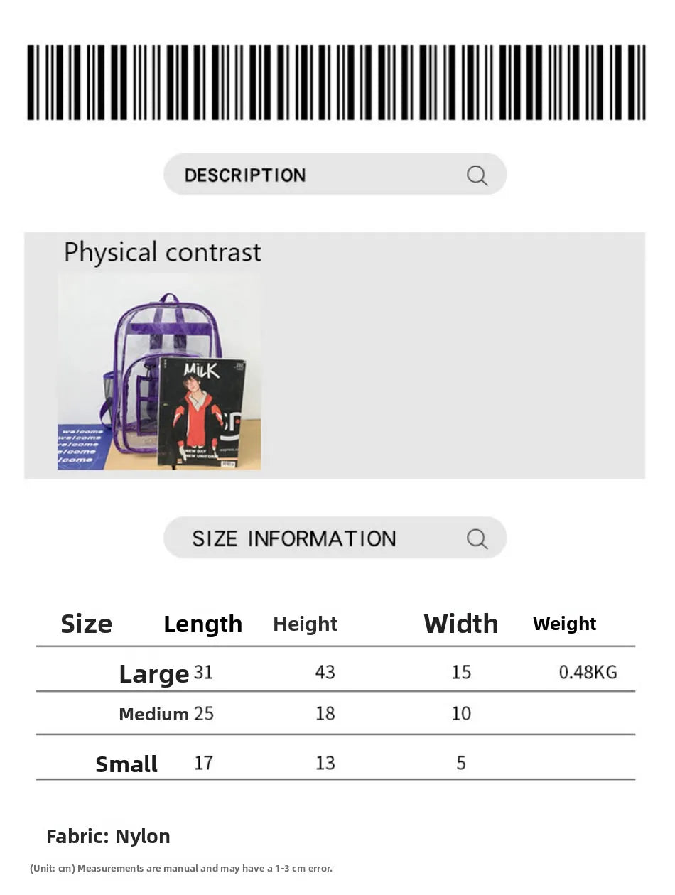 Large Capacity Transparent PVC Backpack – Waterproof School & Travel Bag for Students