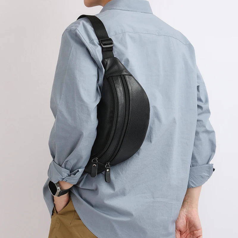 Minimalist Genuine Leather Waist Bag — Unisex Vintage Pebbled Crossbody Chest Pack