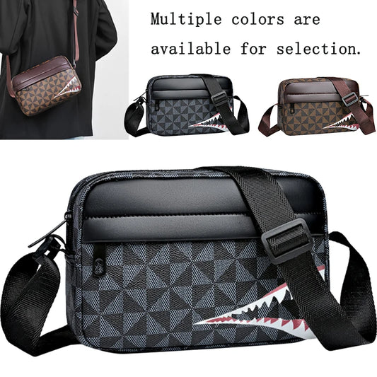 Neutral style backpack for men and women, with a cross-body design, suitable for travel photography. Features shark tooth print.