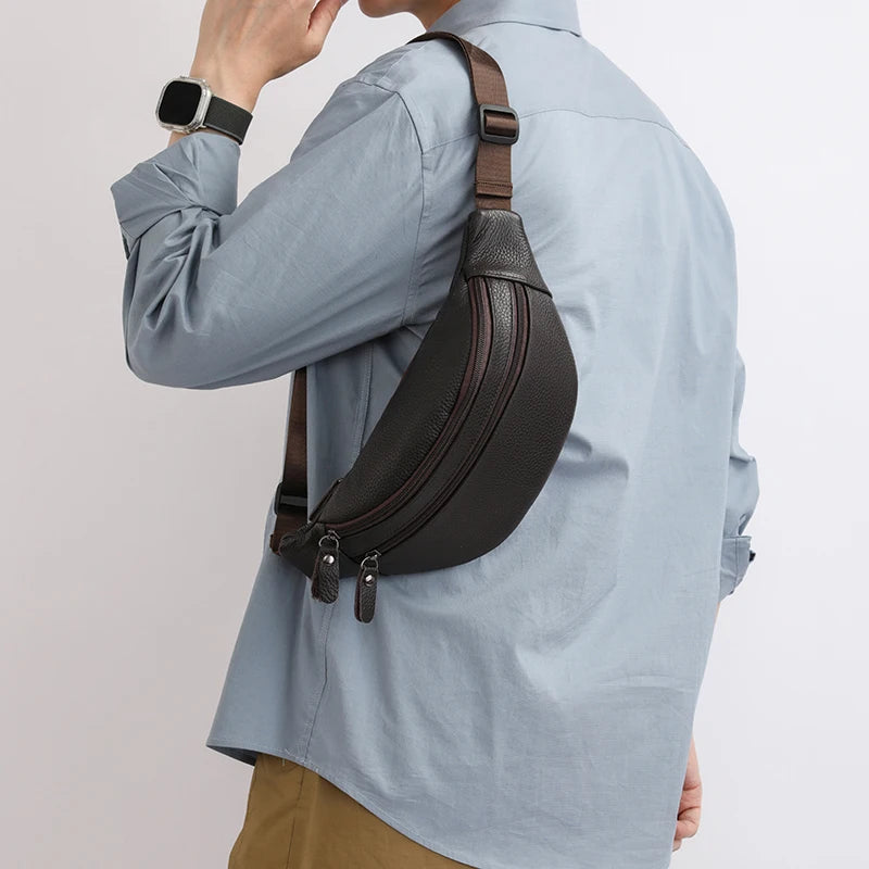 Minimalist Genuine Leather Waist Bag — Unisex Vintage Pebbled Crossbody Chest Pack