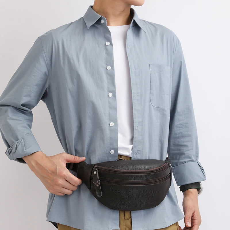Minimalist Genuine Leather Waist Bag — Unisex Vintage Pebbled Crossbody Chest Pack