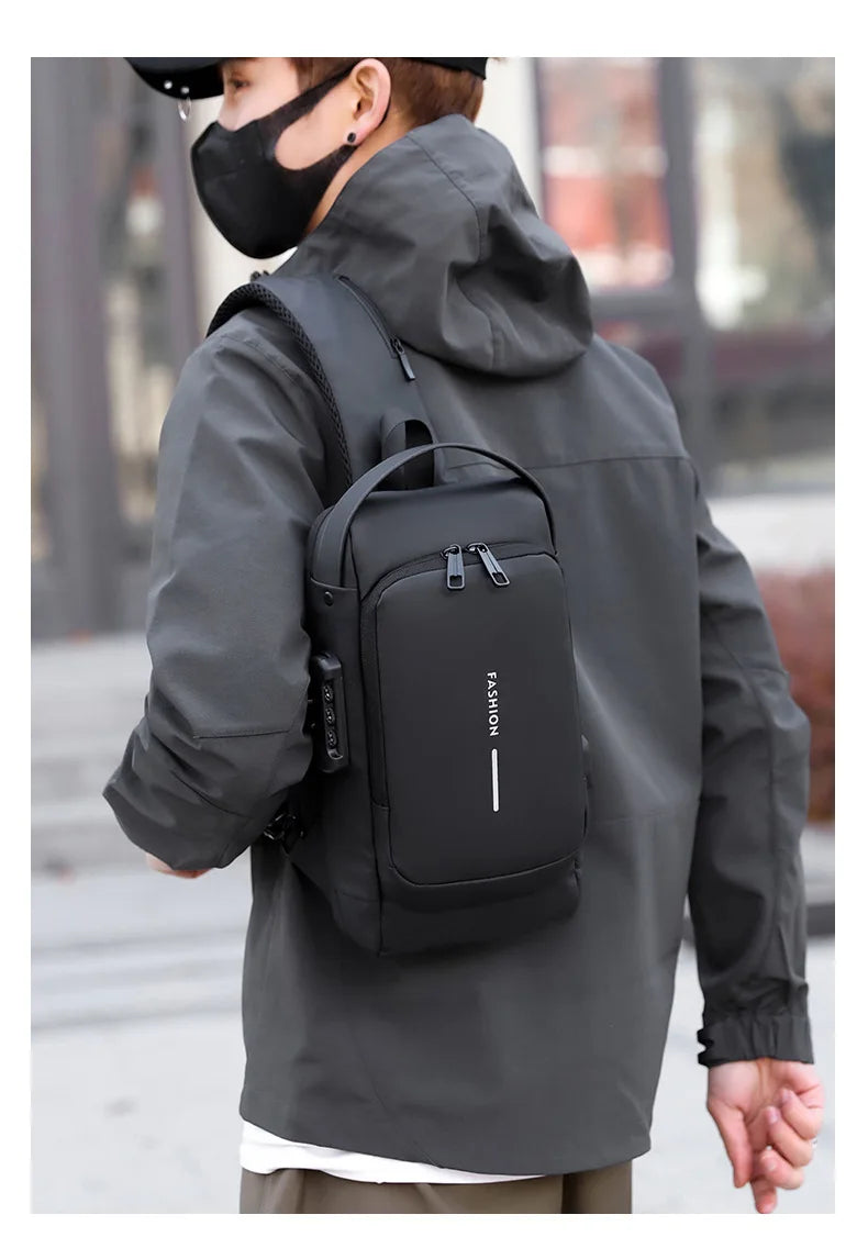 Men's Anti-Theft Chest Bag — Password Lock, USB Port & Waterproof Crossbody Sling