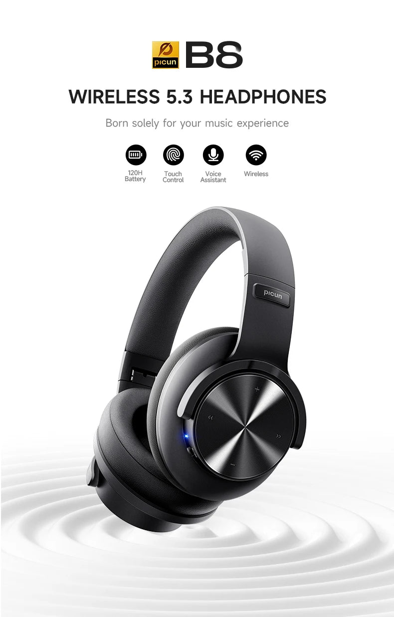 Picun B8 Wireless Headphones — 120Hr Battery, Bluetooth 5.3 & 3 EQ Modes