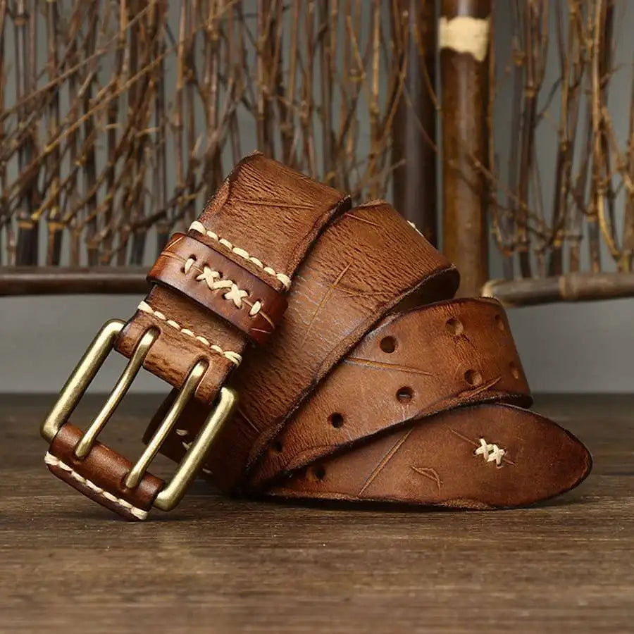 Men's Leather Double Needle Buckle Classic Tow Row Hole Jeans Belt Cowboy Hollowed Out Waistband Width:3.8cm Length:105-125cm