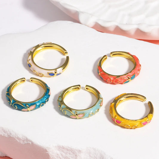 Minimalist Gold Geometric Enamel Ring – Dainty Plant Pattern Bangle for Women