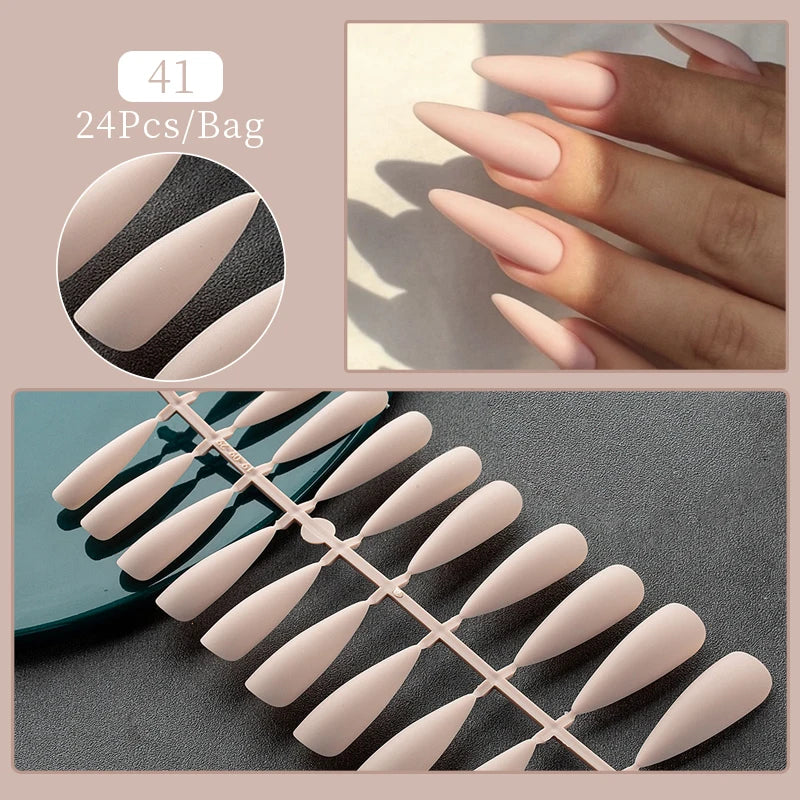 Frosted Almond & Coffin Press On Nails — 24Pcs Full Cover Nail Tips