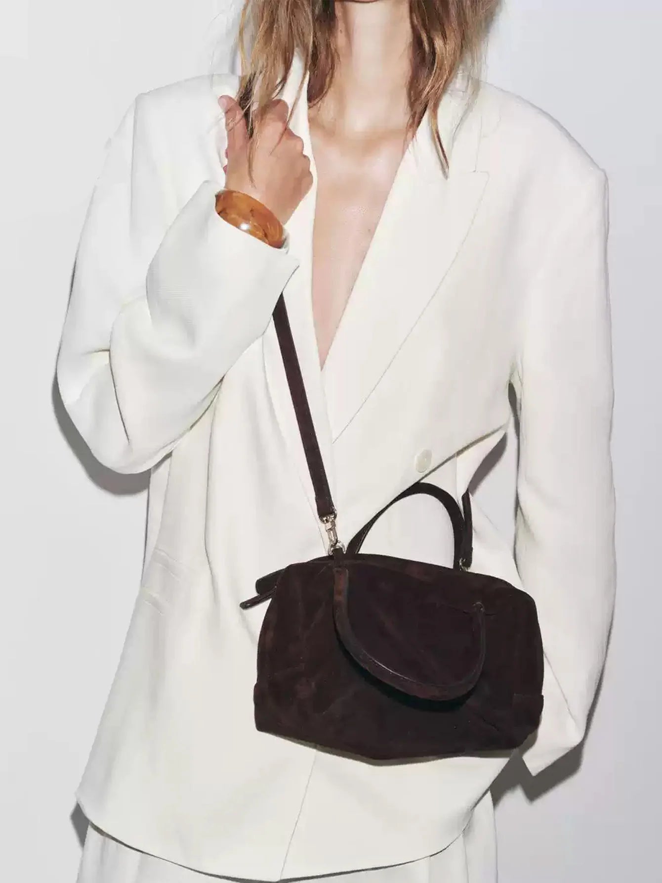 2026 new women's suede handbag, messenger bag, zipper, casual, fashionable, bowling bag