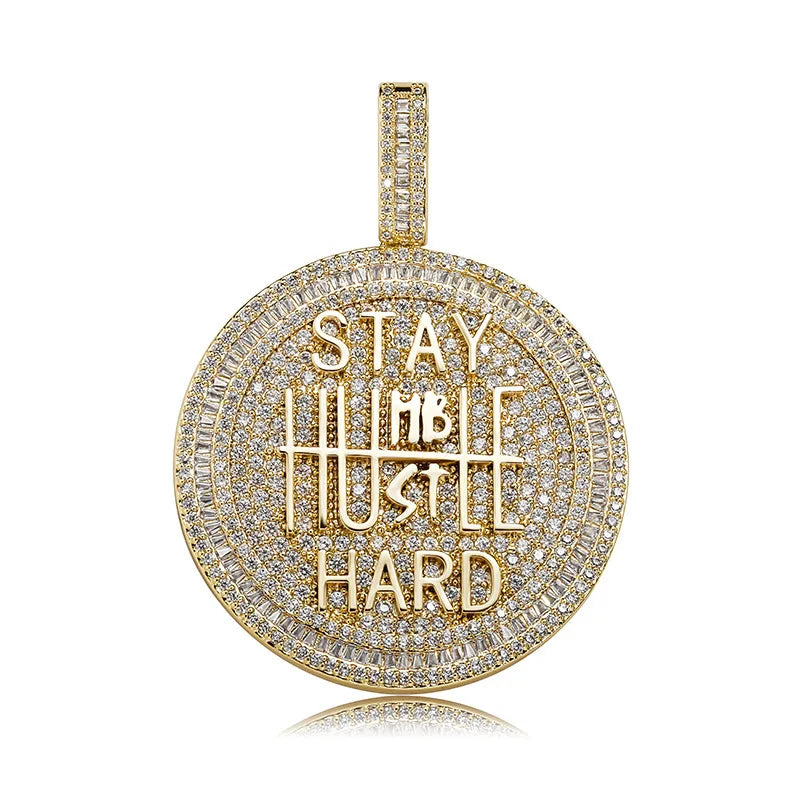 Hip Hop 5A+ CZ Stone Bling Lced out Stay Hard Round Pendants Necklace for Men Charm Jewelry Gold Silver Color