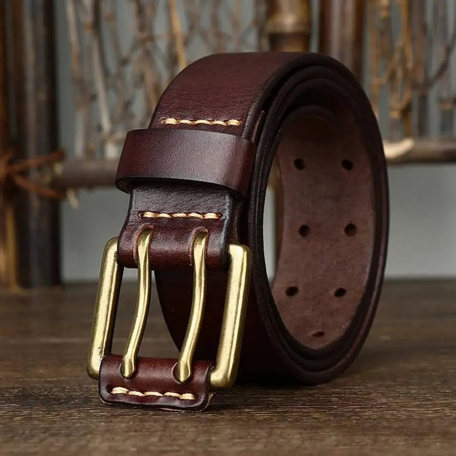 Men's Leather Double Needle Buckle Classic Tow Row Hole Jeans Belt Cowboy Hollowed Out Waistband Width:3.8cm Length:105-125cm