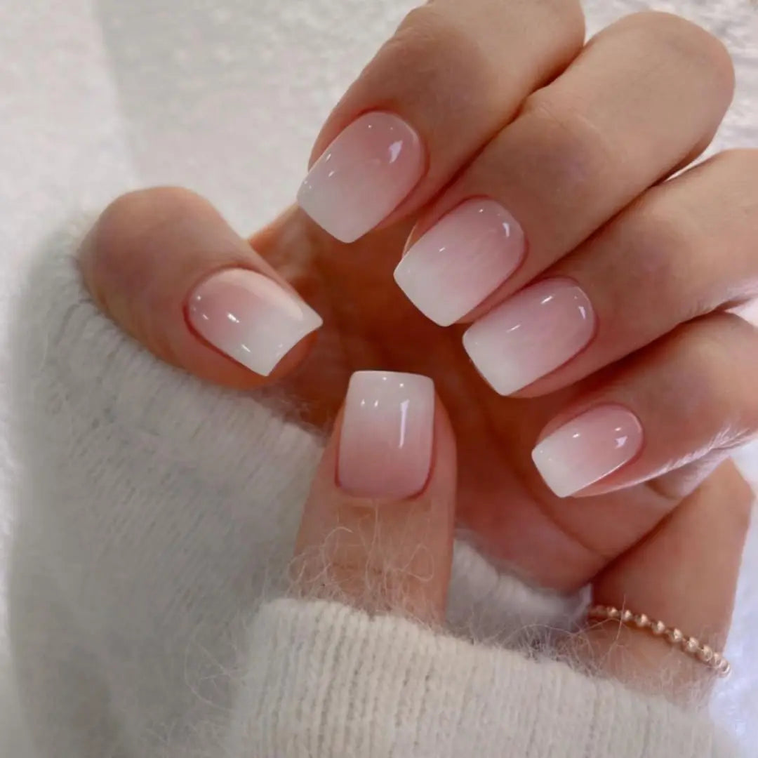 24-Piece Short Square Press-On Nails – Pinkish-White Gradient with Nail Glue & File Kit