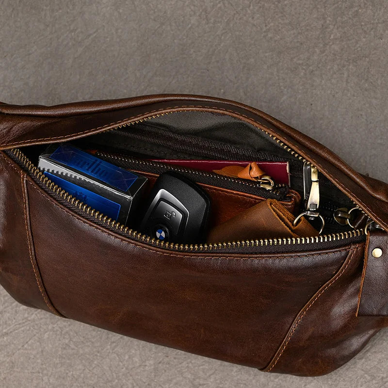 Newsbirds Men's Genuine Leather Chest Bag — Vintage Crossbody Sling & Outdoor Belt Pouch