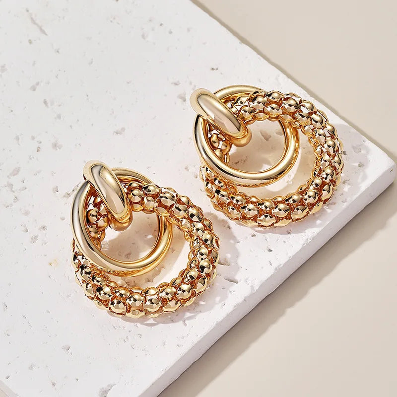 Big Shiny Double Ring Stud Earrings for Women – Bold Round Metal Drop Fashion Jewelry