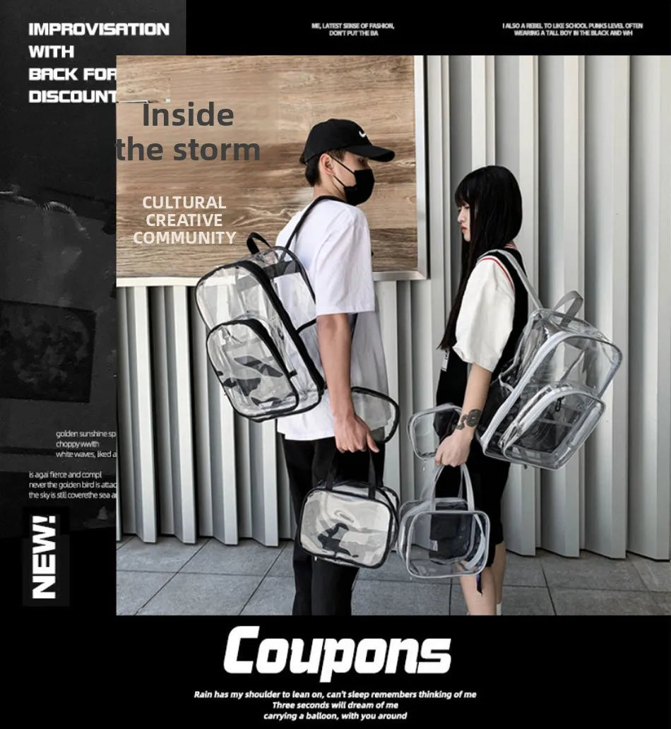 Large Capacity Transparent PVC Backpack – Waterproof School & Travel Bag for Students