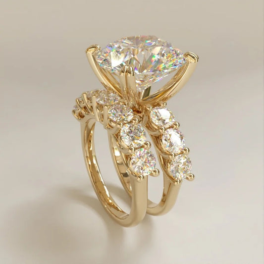 Huitan 2-Piece CZ Cocktail Ring Set – Gold Color Brass & Cubic Zirconia Wedding Rings for Women