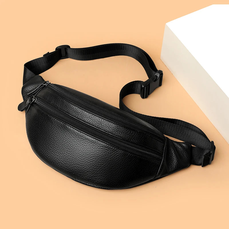 Minimalist Genuine Leather Waist Bag — Unisex Vintage Pebbled Crossbody Chest Pack