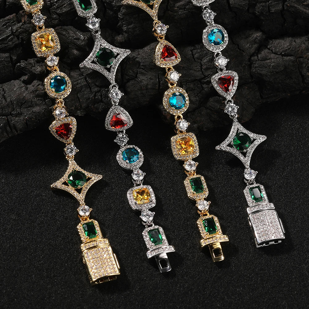 THE BLING KING Women Rainbow Necklace Iced Out Multi Color Triangle Round Rectangle Gemstoms Bracelet HipHop Jewelry For Gift