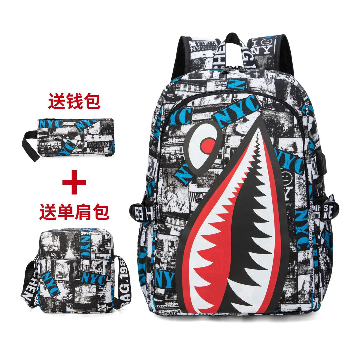 Anime Backpack Elementary Bookbag Travel Rucksack Cartoon Shark Print Primary School Student Satchel Backpack Mochila Infantil