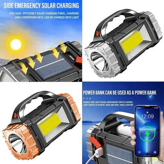 Portable Powerful USB Rechargeable Flashlight | Solar LED + COB Work Light, 4 Modes, Power Bank Function