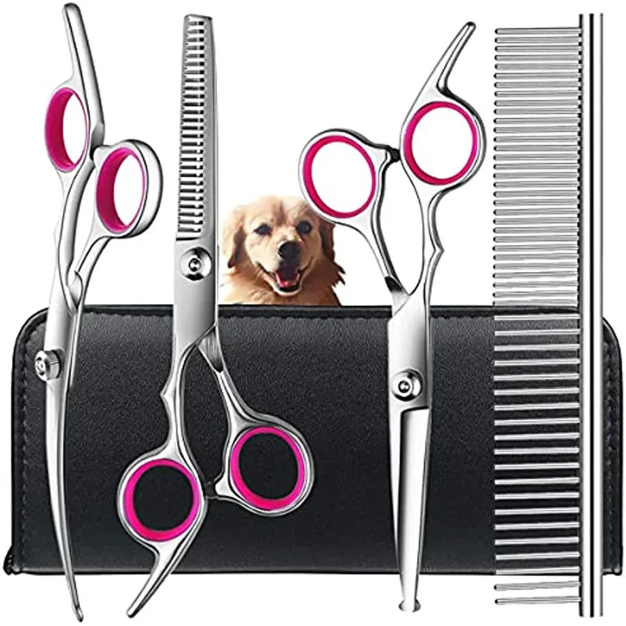 Professional Pet Grooming Scissors Kit | 5-Piece Set | Straight, Curved & Thinning Shears + Comb | Safe Round Tips | Dogs & Cats