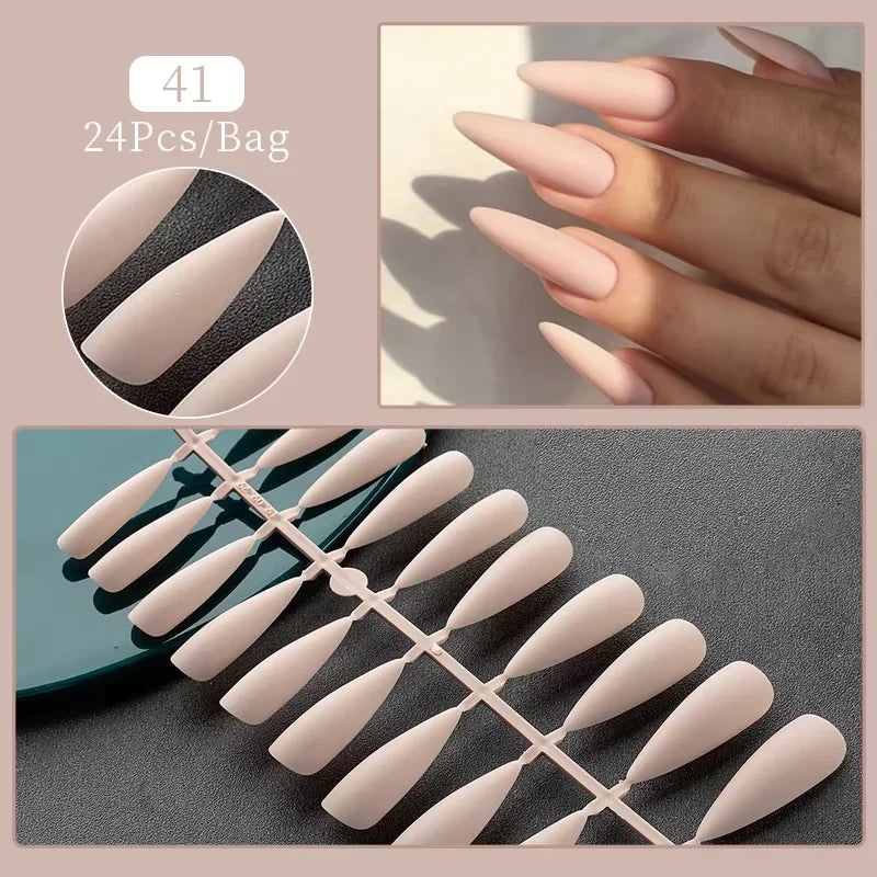 Frosted Almond & Coffin Press On Nails — 24Pcs Full Cover Nail Tips