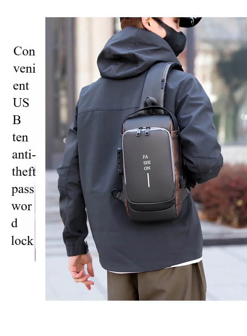 Men's Anti-Theft Chest Bag — Password Lock, USB Port & Waterproof Crossbody Sling