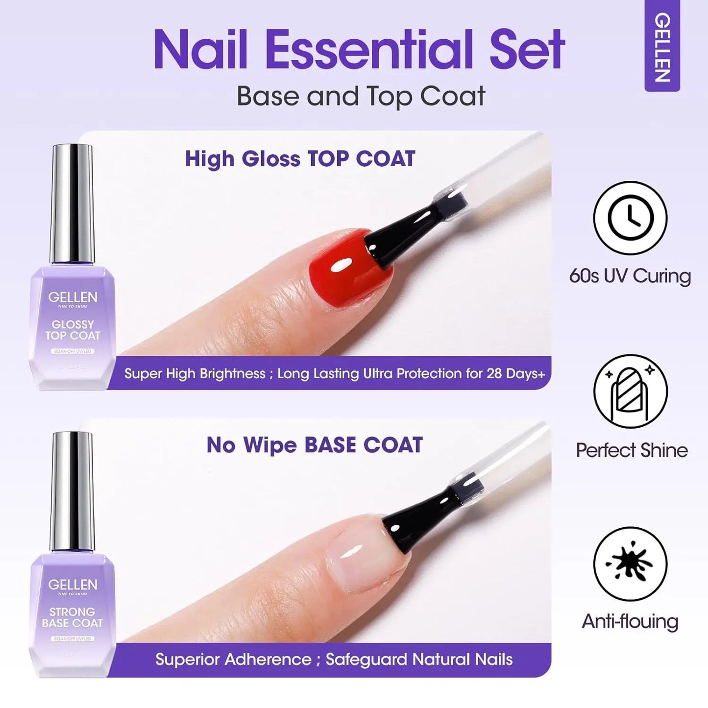 GELLEN Professional Gel Nail Set — 18ml 4-Piece Base Coat, Top Coat & Strengthener Kit for Long-Lasting Manicures
