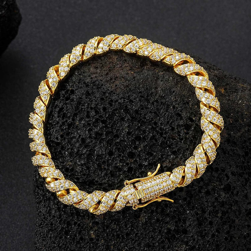 Hip Hop 5A+ CZ Stone Paved Bling Iced Out Twist Round Rope Link Chain Necklaces for Men Rapper Jewelry Gold Silver Color