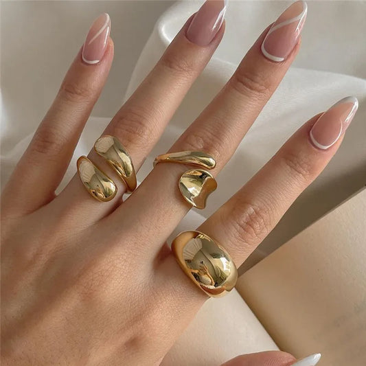 3-Piece Gold Geometric Open Ring Set – Chunky Zircon Statement Rings