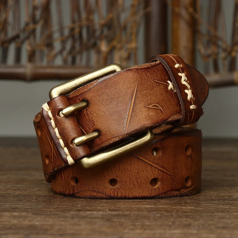 Men's Leather Double Needle Buckle Classic Tow Row Hole Jeans Belt Cowboy Hollowed Out Waistband Width:3.8cm Length:105-125cm