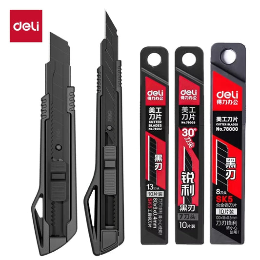 Deli Heavy Duty SK5 Carbon Steel Utility Knife – 9mm, 18mm & Auto-Retractable Box Cutter for Cardboard & Cartons