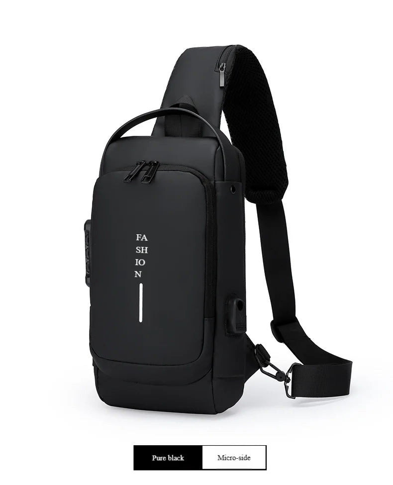 Men's Anti-Theft Chest Bag — Password Lock, USB Port & Waterproof Crossbody Sling