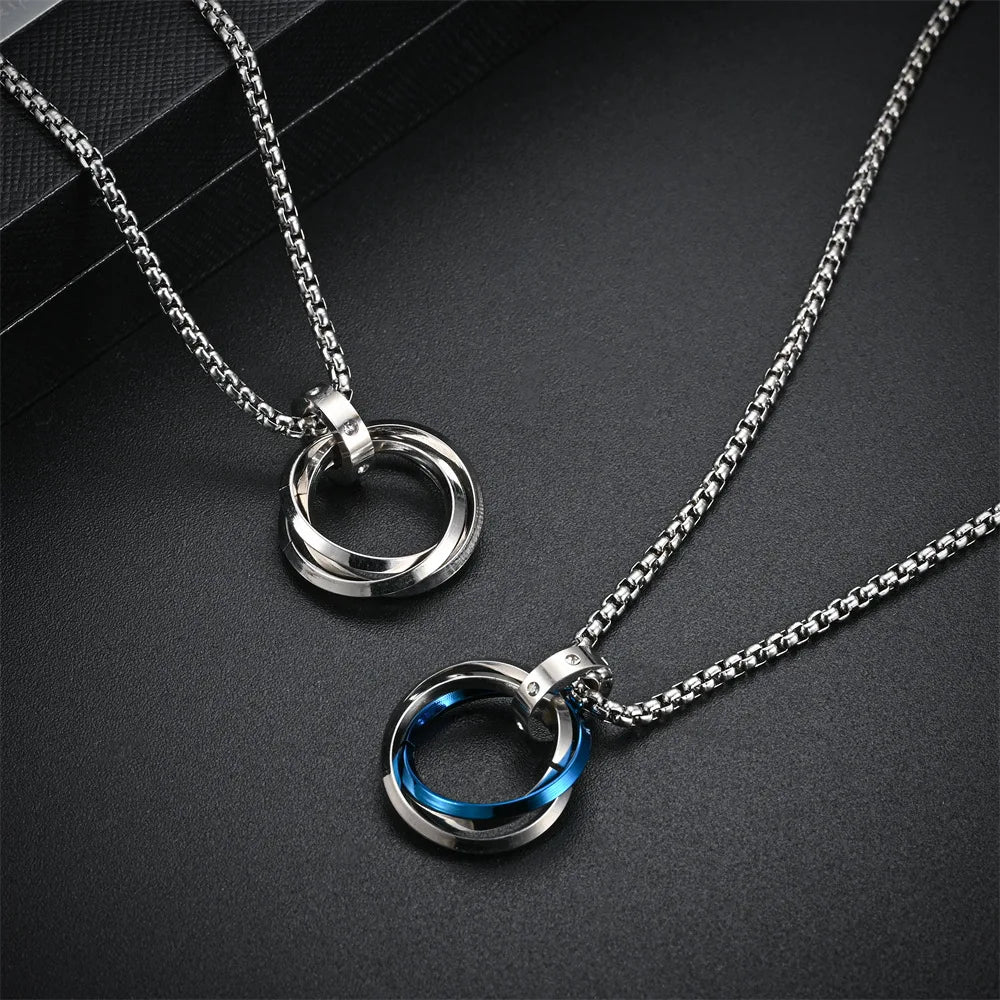 Casual Simple Interlocked 3 Circle Necklace for Men Women Chain Round Circle Pendant Stainless Steel Hippie Neck Collar Jewelry