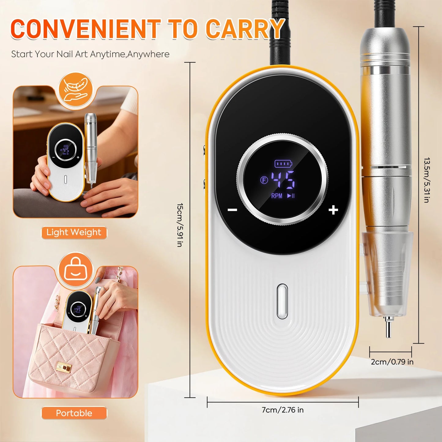 Rechargeable Electric Nail Drill: 45000 RPM, 8-Hour Battery, HD LCD Screen - Professional Salon-Grade Nail Filing & Removal