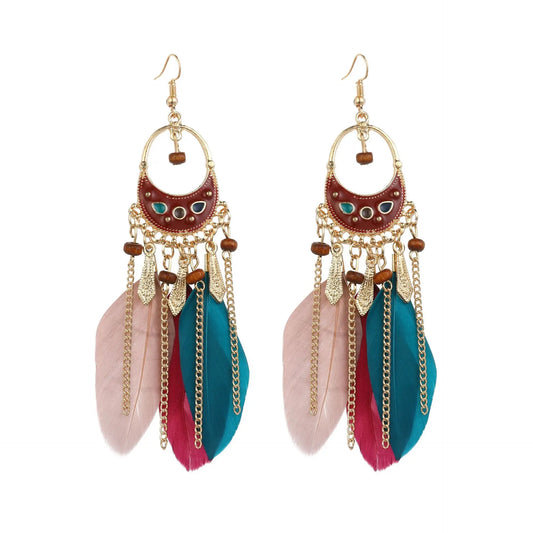 Faux Feather Boho Tassel Long Drop Earrings for Women – Ethnic Fringe Dangle Jewelry