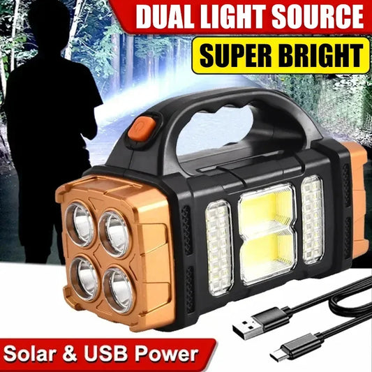 Portable Powerful USB Rechargeable Flashlight | Solar LED + COB Work Light, 4 Modes, Power Bank Function