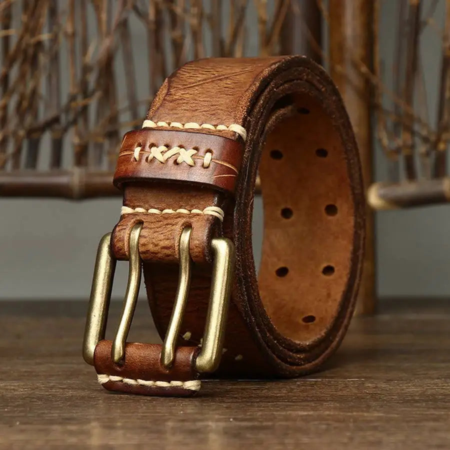 Men's Leather Double Needle Buckle Classic Tow Row Hole Jeans Belt Cowboy Hollowed Out Waistband Width:3.8cm Length:105-125cm