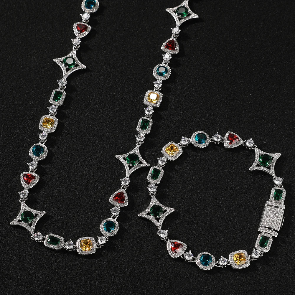 THE BLING KING Women Rainbow Necklace Iced Out Multi Color Triangle Round Rectangle Gemstoms Bracelet HipHop Jewelry For Gift