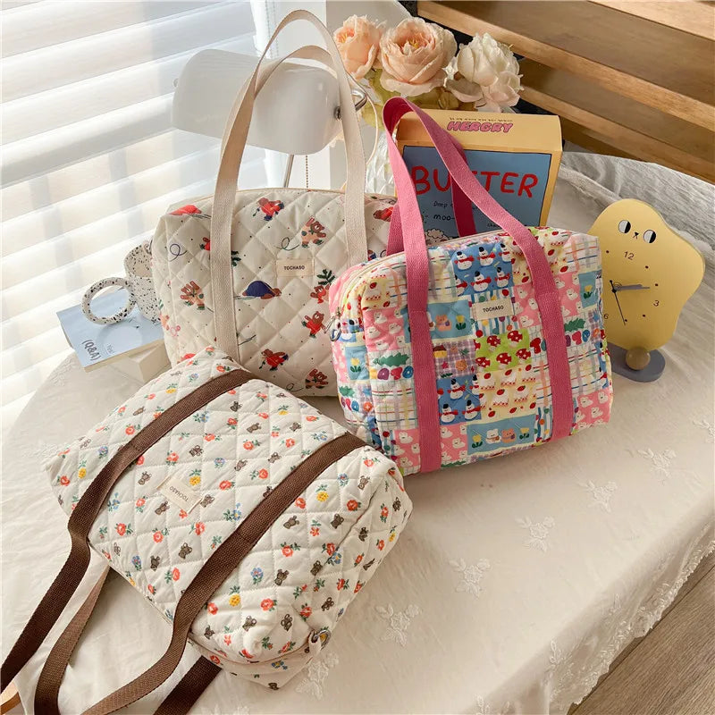 Women's Floral Quilted Shoulder Bag — Large Capacity Cotton Linen Tote