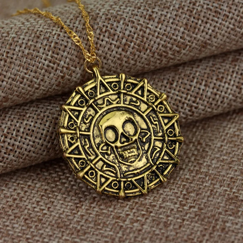 Caribbean Necklace Aztec Skeleton Skull Heads Pendant Gold/Bronze Plated Vintage Men Statement Necklace Gifts