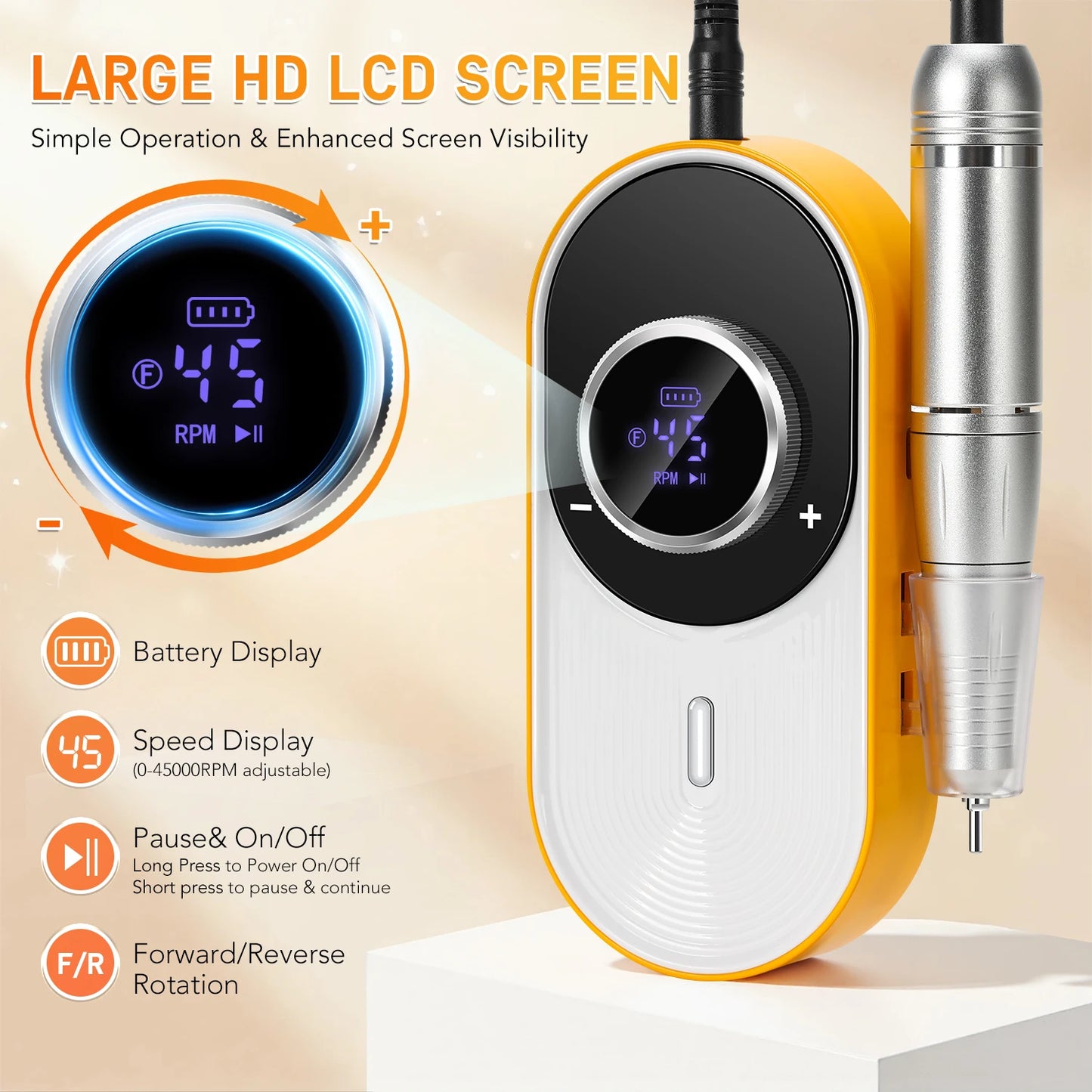 Rechargeable Electric Nail Drill: 45000 RPM, 8-Hour Battery, HD LCD Screen - Professional Salon-Grade Nail Filing & Removal