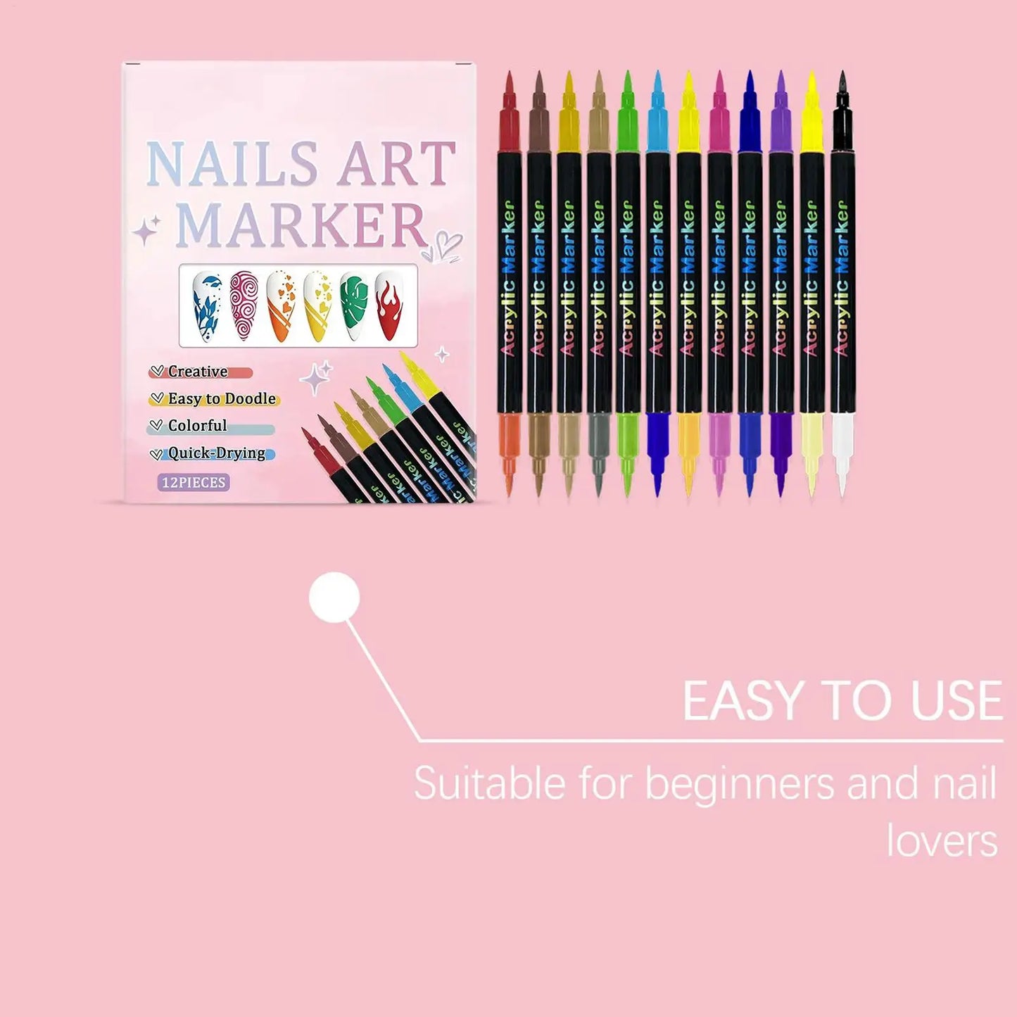12 Colors Nail Polish Pens — Dual-Ended Quick Dry Nail Art Markers