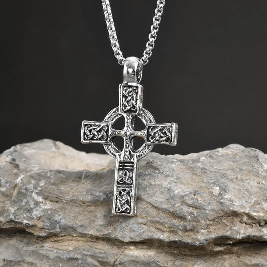 Nordic Celtic Knot Cross Necklace for Men Retro Viking Metal Pendant Punk Jewelry Gift for Boys