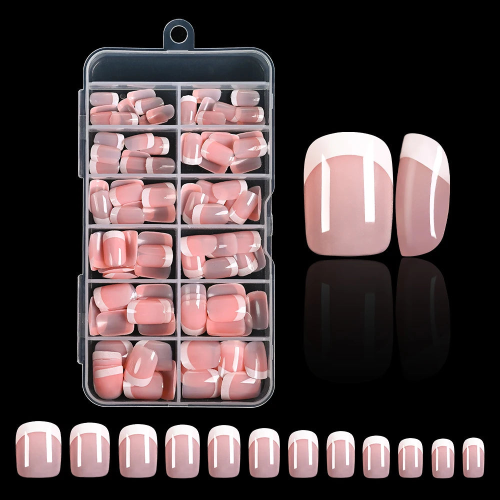 Pink French Square Press On Nails — 120pcs Glossy Full Cover False Nails