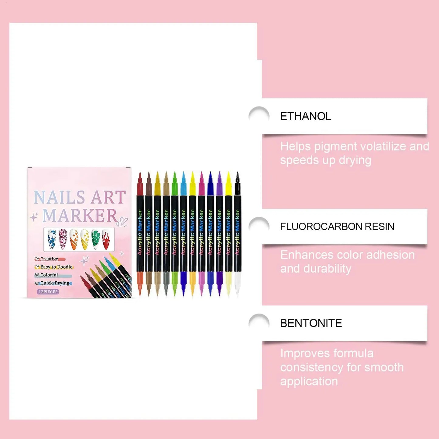 12 Colors Nail Polish Pens — Dual-Ended Quick Dry Nail Art Markers
