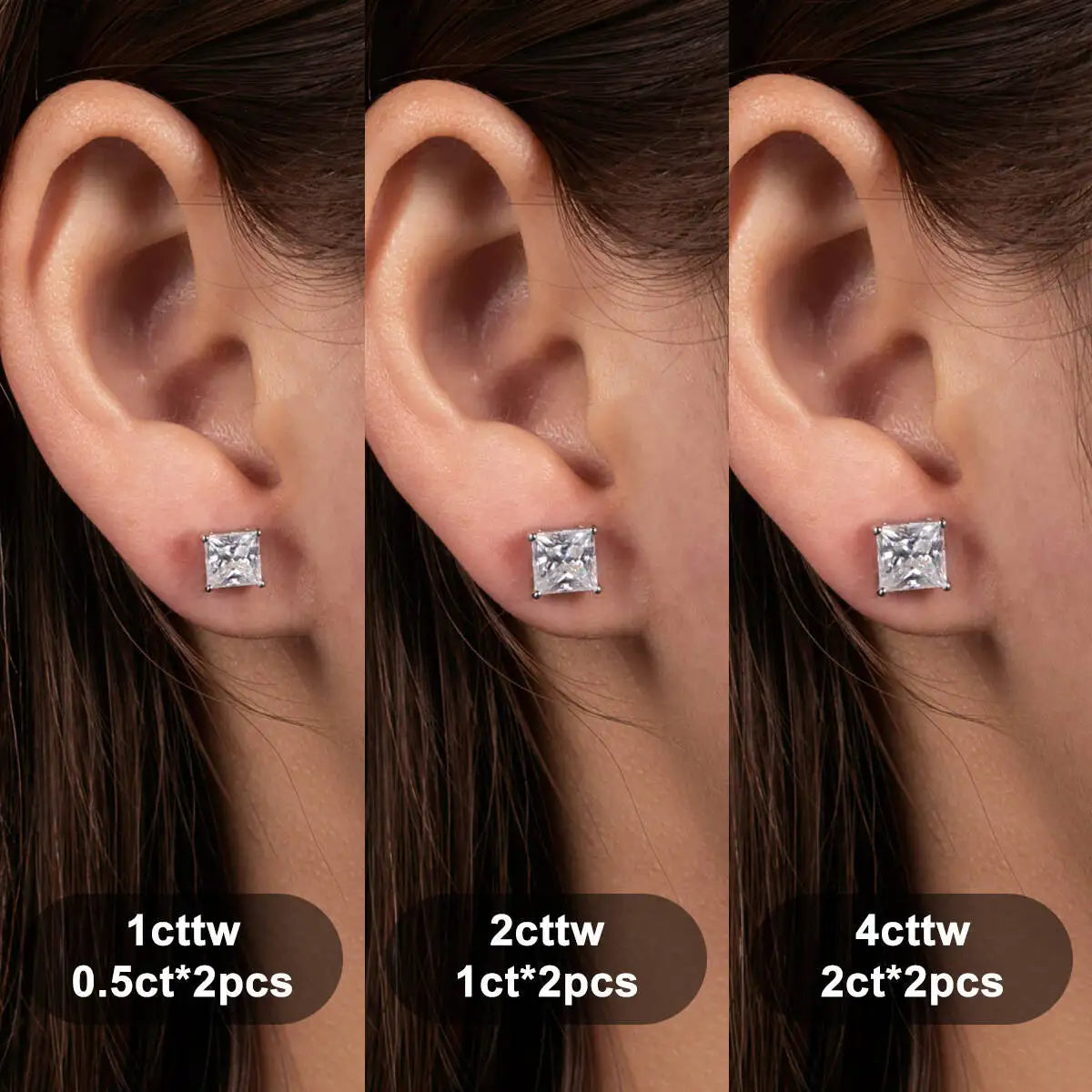 1 pairs Princess Cut Moissanite Stud Earrings For Women Men's Ear Studs Unisex D color VVS 1CT 2CT S925 Sterling Silver Jewelry