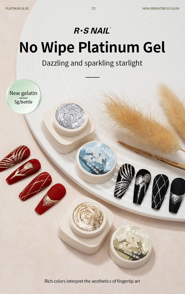 RS NAIL 5g No-Wipe Platinum Gel Polish – Reflective Metallic Sparkle | Golden & Silver