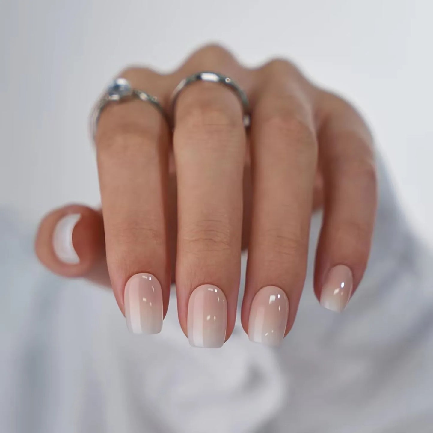 24-Piece Short Square Press-On Nails – Pinkish-White Gradient with Nail Glue & File Kit