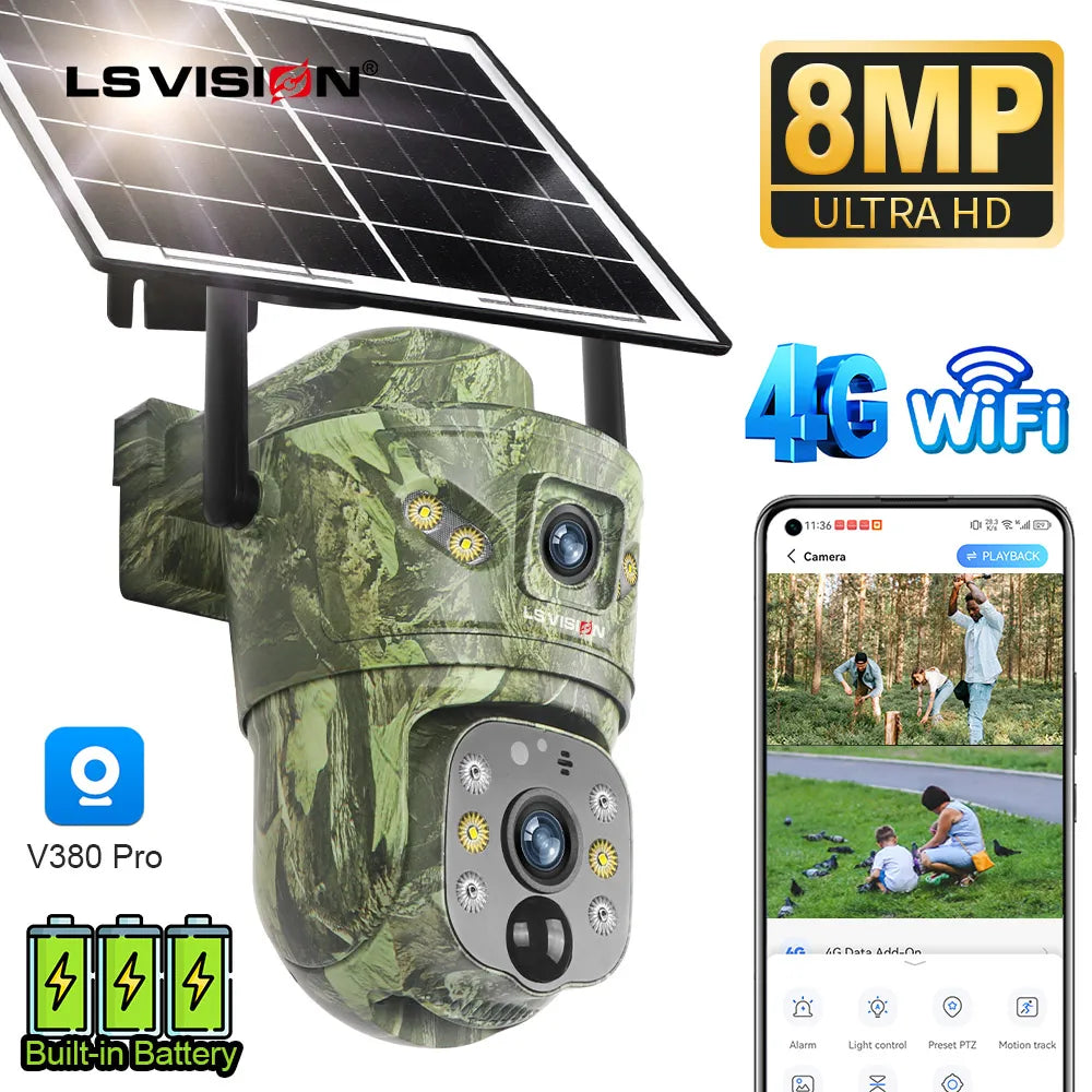 LS VISION 4K Dual Screen 4G Solar Hunting Camera Outdoor WiFi PTZ Human/Animal Detection 2-Way Talk Waterproof Security Cameras