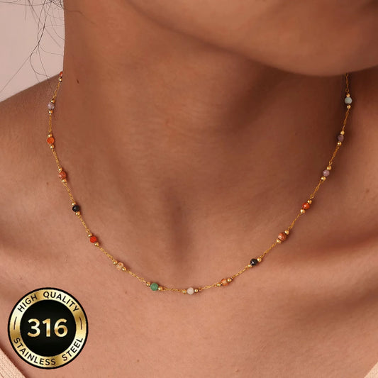 Women's Fashion Necklace, Stainless Steel, Colorful Imitation Natural Stone Beads, Layering Accessory for Multiple Occasions